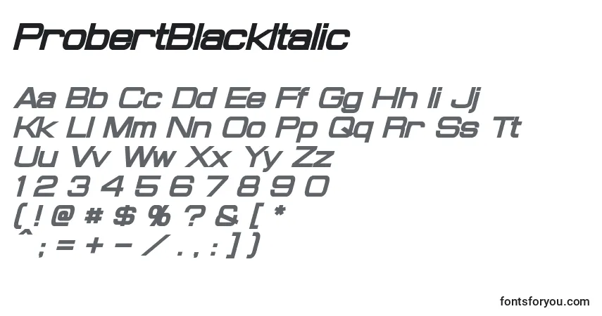Schriftart ProbertBlackItalic – Alphabet, Zahlen, spezielle Symbole