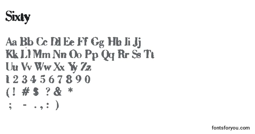 Czcionka Sixty – alfabet, cyfry, specjalne znaki