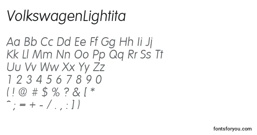 Czcionka VolkswagenLightita – alfabet, cyfry, specjalne znaki