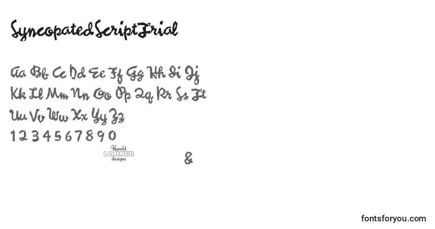 Schriftart SyncopatedScriptTrial – Alphabet, Zahlen, spezielle Symbole