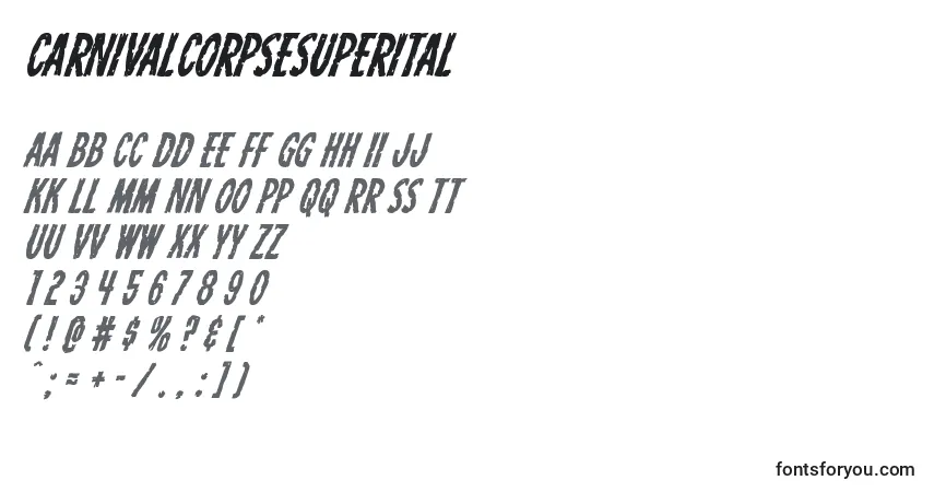 Czcionka Carnivalcorpsesuperital – alfabet, cyfry, specjalne znaki