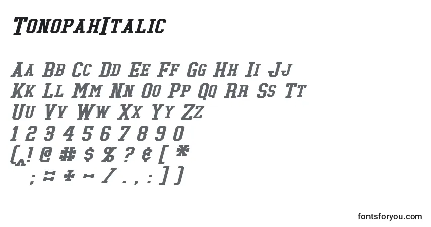 A fonte TonopahItalic – alfabeto, números, caracteres especiais