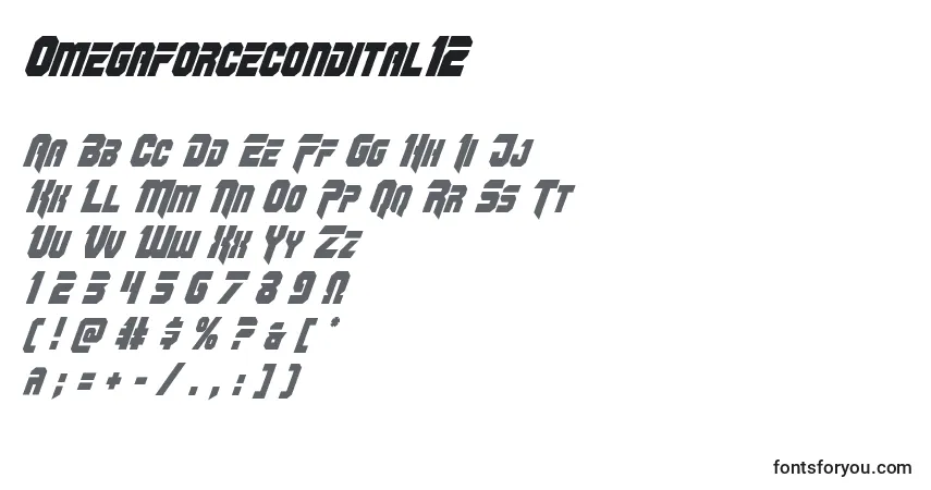 Шрифт Omegaforcecondital12 – алфавит, цифры, специальные символы