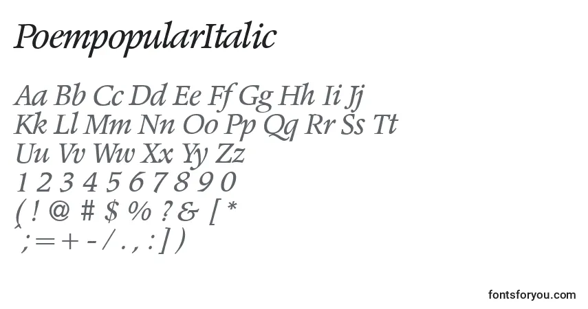 Шрифт PoempopularItalic – алфавит, цифры, специальные символы