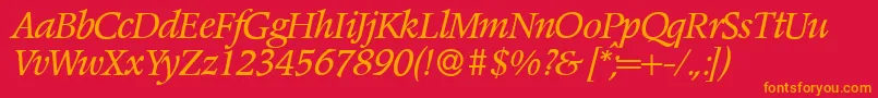 PoempopularItalic-Schriftart – Orangefarbene Schriften auf rotem Hintergrund