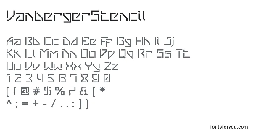 Czcionka VanbergerStencil – alfabet, cyfry, specjalne znaki