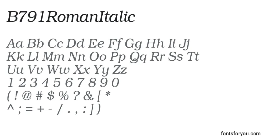 Czcionka B791RomanItalic – alfabet, cyfry, specjalne znaki