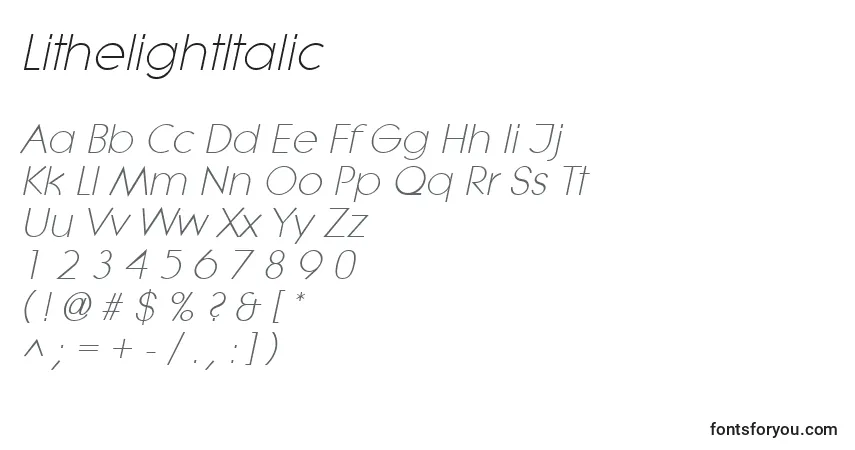 Шрифт LithelightItalic – алфавит, цифры, специальные символы