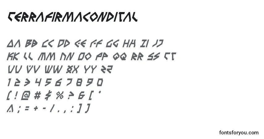 Czcionka Terrafirmacondital – alfabet, cyfry, specjalne znaki
