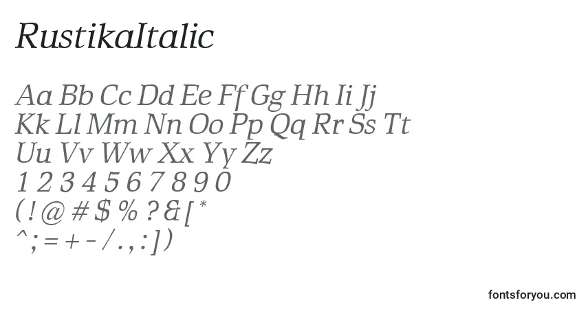 RustikaItalic-fontti – aakkoset, numerot, erikoismerkit