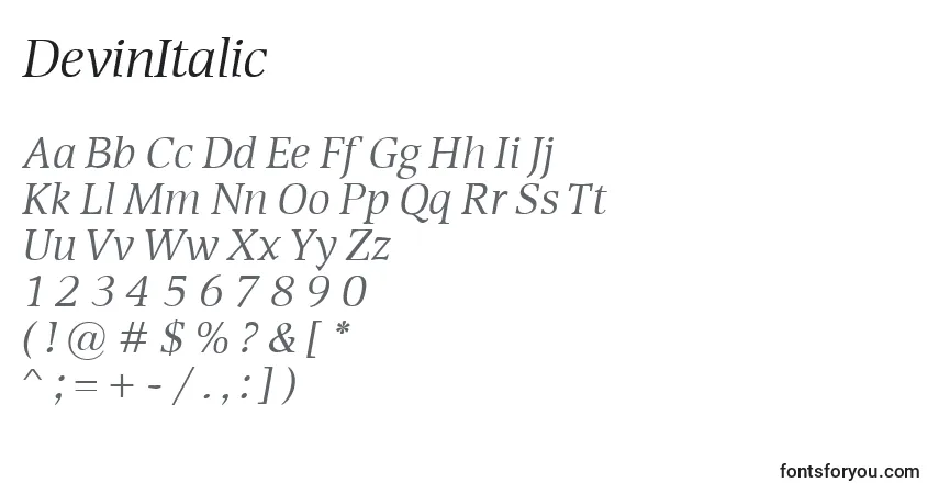 A fonte DevinItalic – alfabeto, números, caracteres especiais
