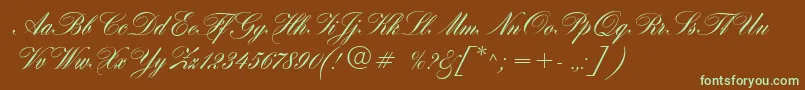 フォントHogarthScript – 緑色の文字が茶色の背景にあります。