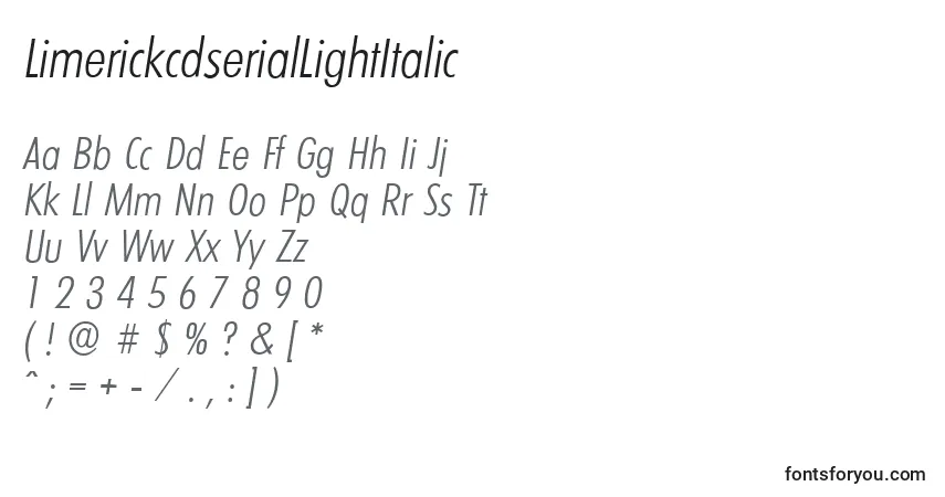 Schriftart LimerickcdserialLightItalic – Alphabet, Zahlen, spezielle Symbole