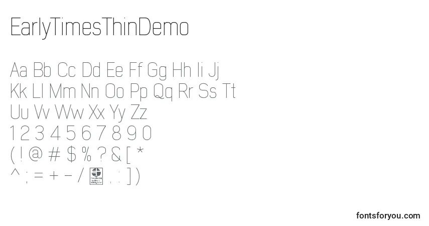 Шрифт EarlyTimesThinDemo – алфавит, цифры, специальные символы