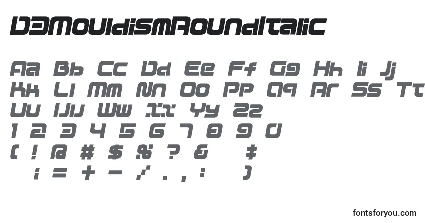 A fonte D3MouldismRoundItalic – alfabeto, números, caracteres especiais