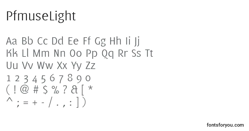 A fonte PfmuseLight – alfabeto, números, caracteres especiais