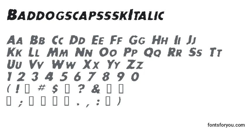 A fonte BaddogscapssskItalic – alfabeto, números, caracteres especiais