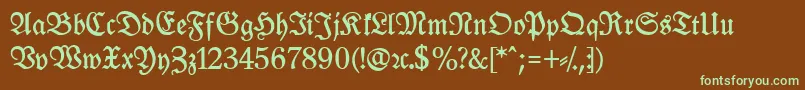 フォントLeipzigFrakturBoldLf – 緑色の文字が茶色の背景にあります。