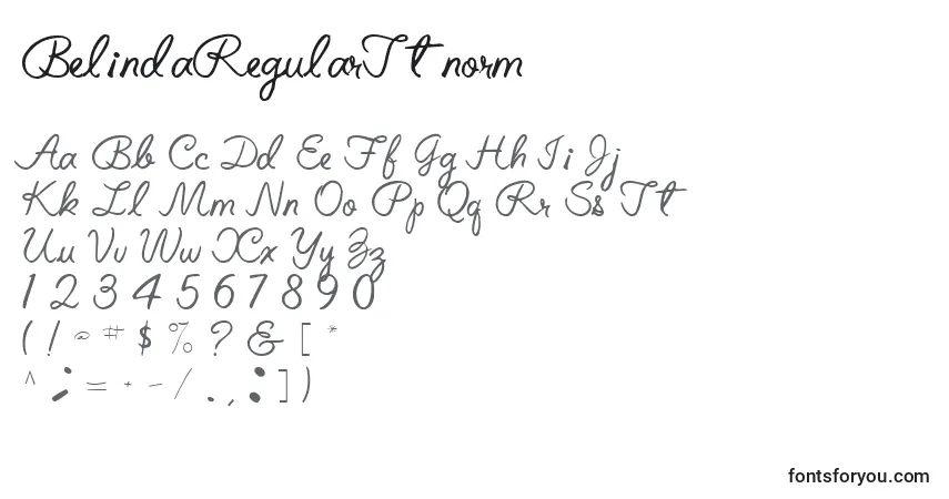 Czcionka BelindaRegularTtnorm – alfabet, cyfry, specjalne znaki