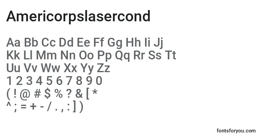 Czcionka Americorpslasercond – alfabet, cyfry, specjalne znaki