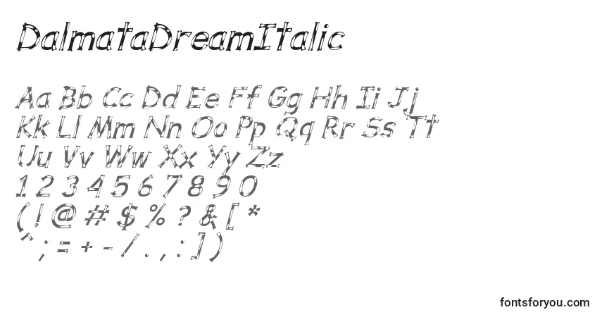 Schriftart DalmataDreamItalic – Alphabet, Zahlen, spezielle Symbole