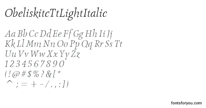 A fonte ObeliskitcTtLightItalic – alfabeto, números, caracteres especiais