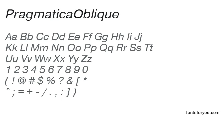 Czcionka PragmaticaOblique – alfabet, cyfry, specjalne znaki