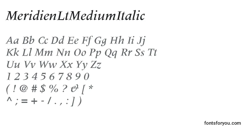 Czcionka MeridienLtMediumItalic – alfabet, cyfry, specjalne znaki