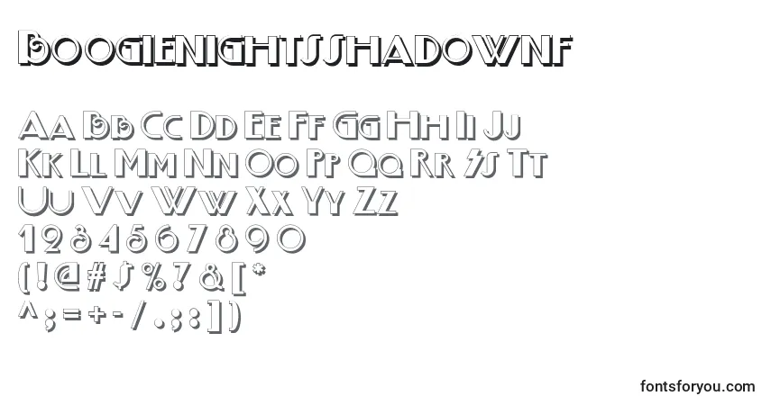 Czcionka Boogienightsshadownf – alfabet, cyfry, specjalne znaki
