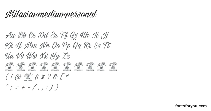 Czcionka Milasianmediumpersonal – alfabet, cyfry, specjalne znaki