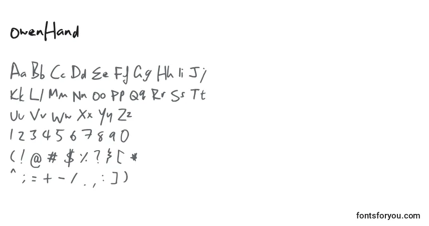 Schriftart OwenHand – Alphabet, Zahlen, spezielle Symbole