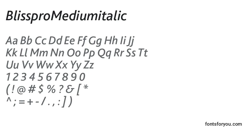 Шрифт BlissproMediumitalic – алфавит, цифры, специальные символы