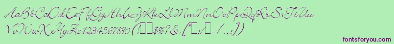 BickleyScriptLetPlain.1.0-Schriftart – Violette Schriften auf grünem Hintergrund