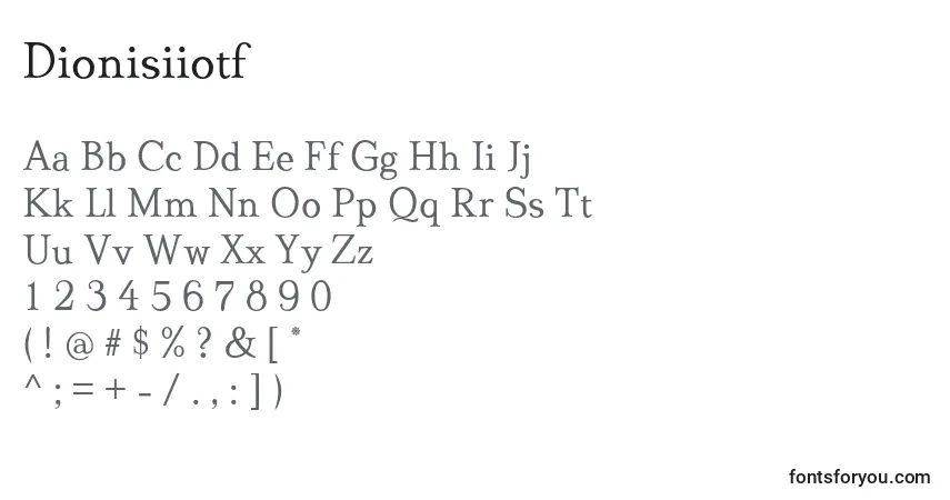 A fonte Dionisiiotf – alfabeto, números, caracteres especiais