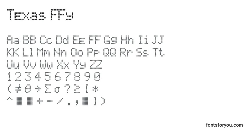 Schriftart Texas ffy – Alphabet, Zahlen, spezielle Symbole