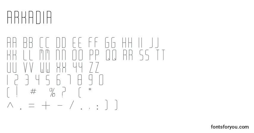 Czcionka Arkadia – alfabet, cyfry, specjalne znaki