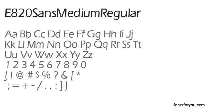 Czcionka E820SansMediumRegular – alfabet, cyfry, specjalne znaki