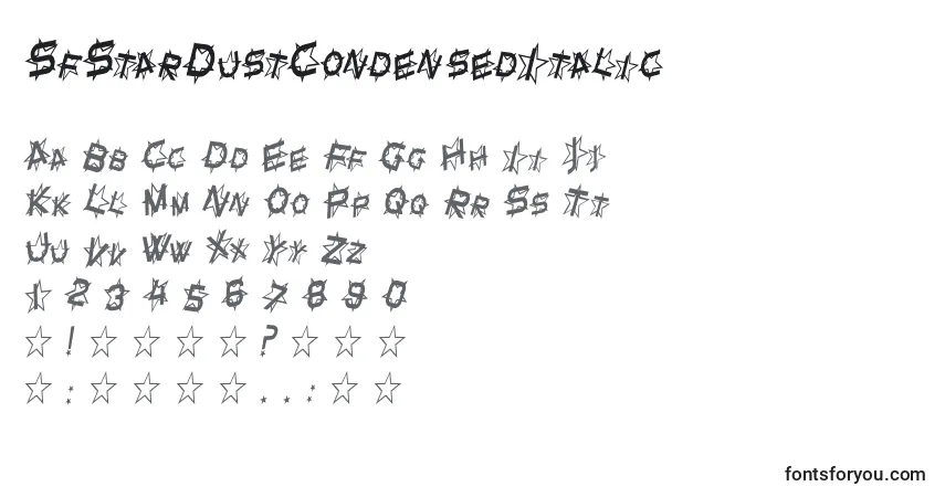 Czcionka SfStarDustCondensedItalic – alfabet, cyfry, specjalne znaki