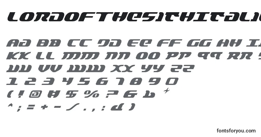 Czcionka LordOfTheSithItalic – alfabet, cyfry, specjalne znaki