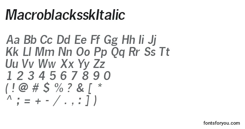 A fonte MacroblacksskItalic – alfabeto, números, caracteres especiais
