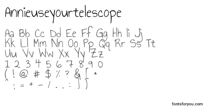 Czcionka Annieuseyourtelescope – alfabet, cyfry, specjalne znaki
