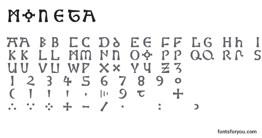 Czcionka Moneta – alfabet, cyfry, specjalne znaki