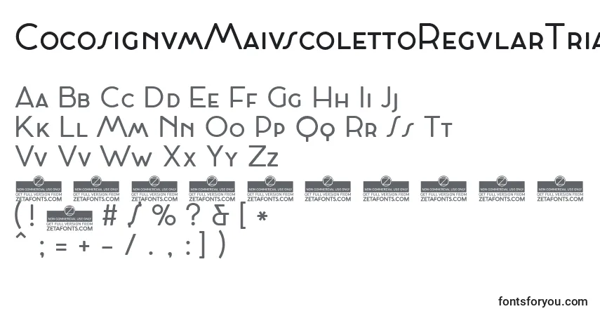 Czcionka CocosignumMaiuscolettoRegularTrial – alfabet, cyfry, specjalne znaki
