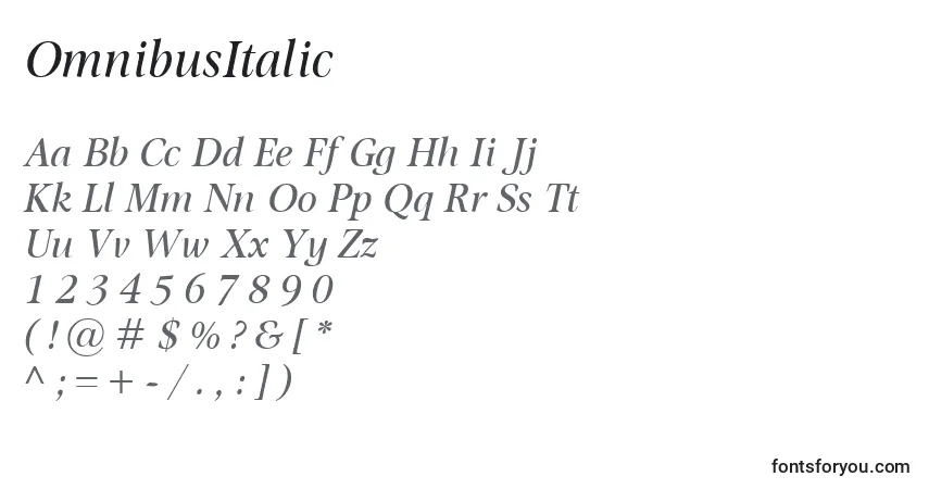 Schriftart OmnibusItalic – Alphabet, Zahlen, spezielle Symbole