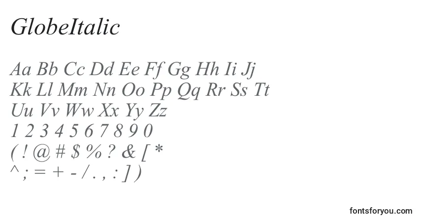 Czcionka GlobeItalic – alfabet, cyfry, specjalne znaki