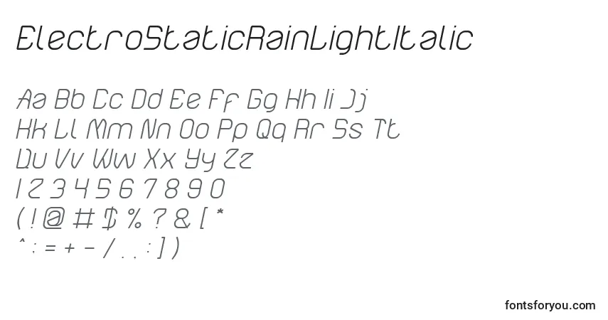 A fonte ElectroStaticRainLightItalic – alfabeto, números, caracteres especiais
