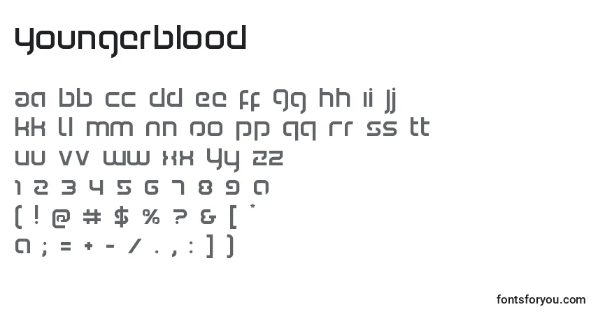 Schriftart Youngerblood – Alphabet, Zahlen, spezielle Symbole