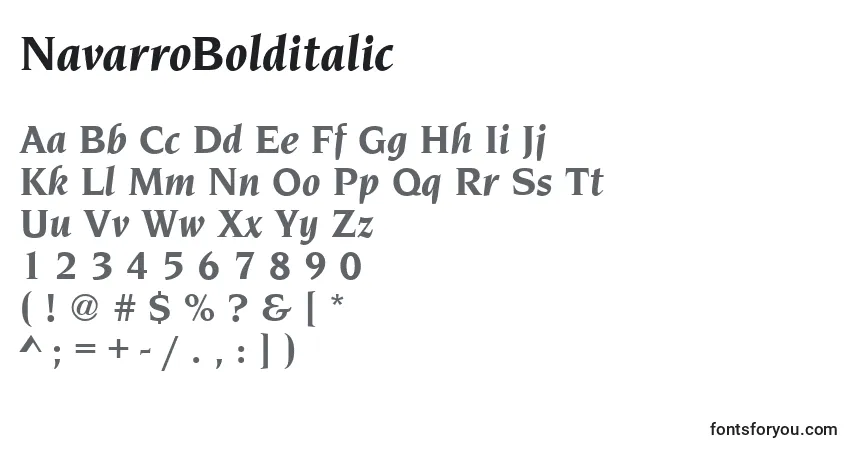 Czcionka NavarroBolditalic – alfabet, cyfry, specjalne znaki