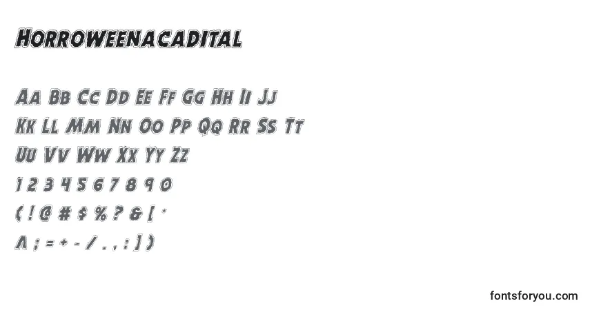 Czcionka Horroweenacadital – alfabet, cyfry, specjalne znaki