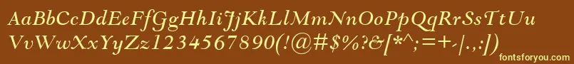 GoudyModernMtItalic-fontti – keltaiset fontit ruskealla taustalla